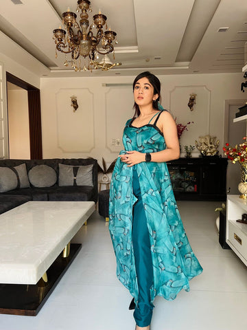 Latest Printed Organza Aqua Blue Anarkali Suit