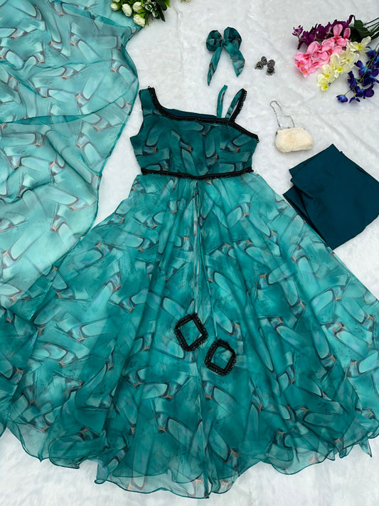 Latest Printed Organza Aqua Blue Anarkali Suit