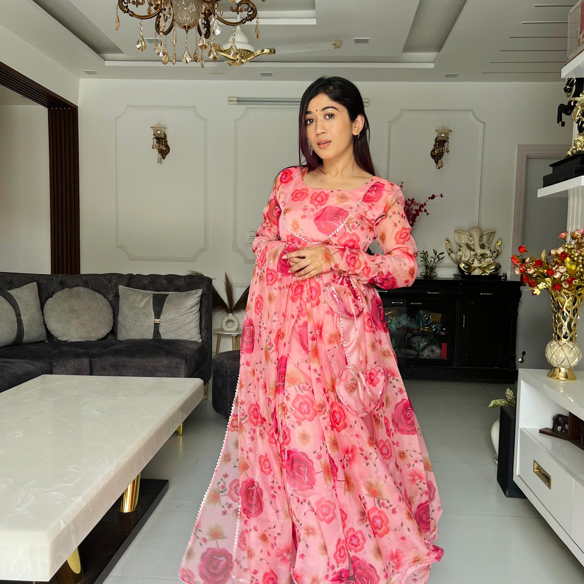 Peach Color Georgette Printed Anarkali Suit With Dupatta