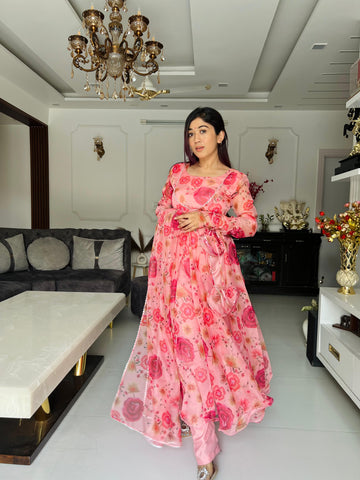 Peach Color Georgette Printed Anarkali Suit With Dupatta