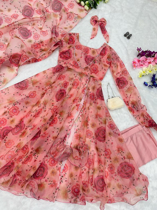 Peach Color Georgette Printed Anarkali Suit With Dupatta