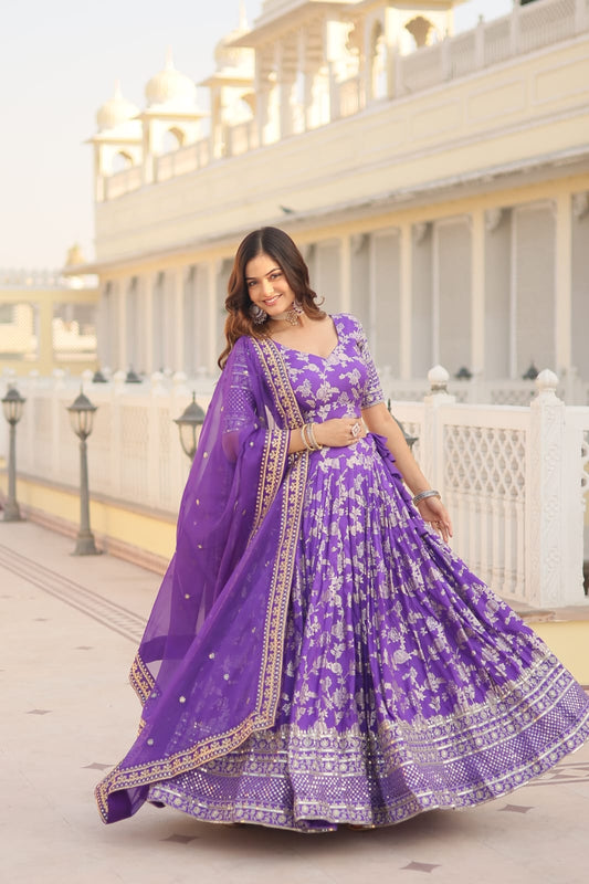 Wedding Wear Lavender Color Jacquard Embroidered Sequins Work Lehenga Choli