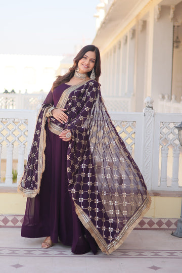 Exclusive Heavy Sleeves Work Wine Color Gown With Dupatta