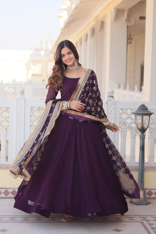 Exclusive Heavy Sleeves Work Wine Color Gown With Dupatta