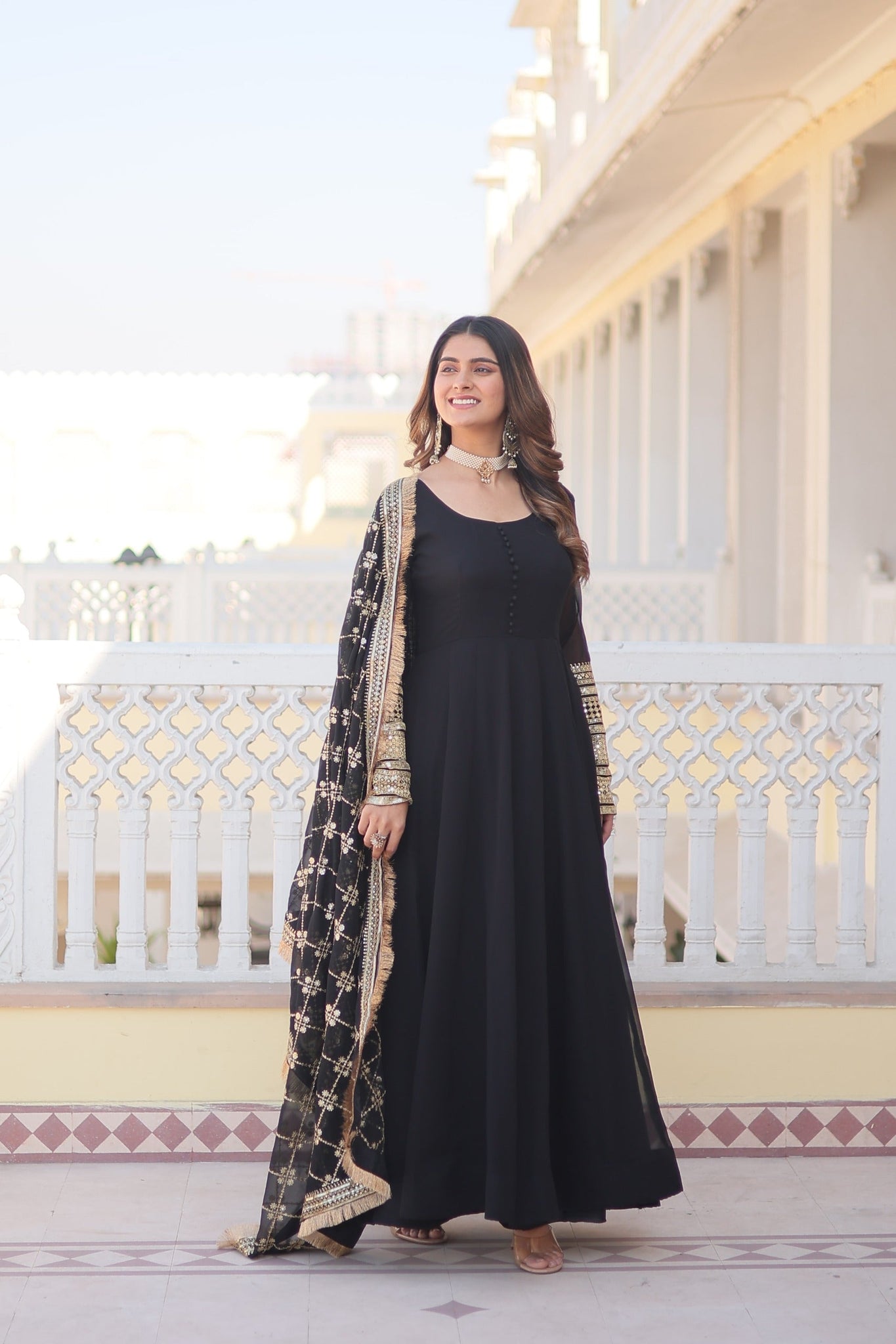 Exclusive Heavy Sleeves Work Black Color Gown With Dupatta