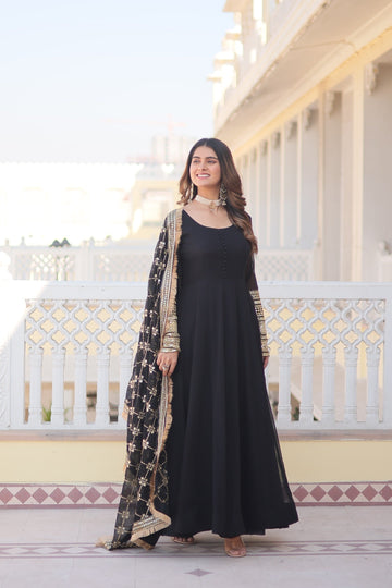 Exclusive Heavy Sleeves Work Black Color Gown With Dupatta