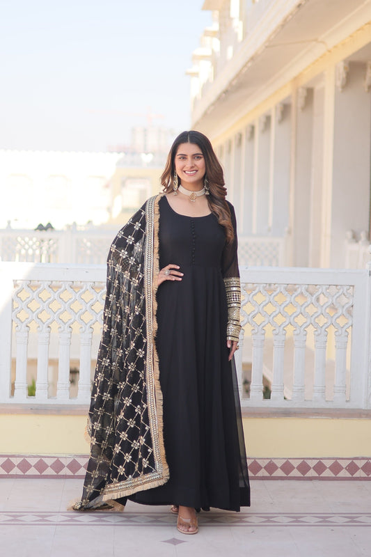 Exclusive Heavy Sleeves Work Black Color Gown With Dupatta