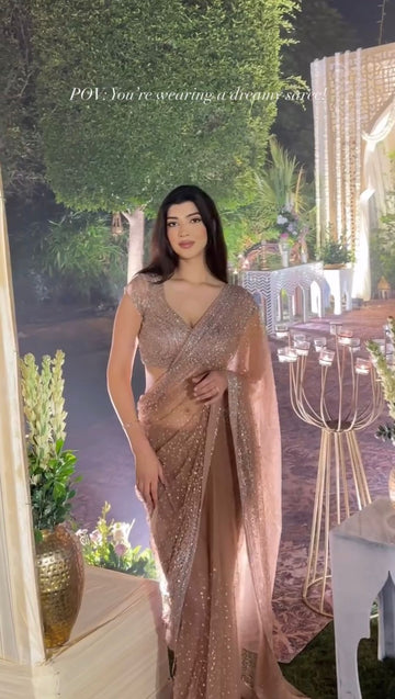 Wedding Wear Golden Net Saree with Sequins & Dori Work | Party Wear Saree For Women