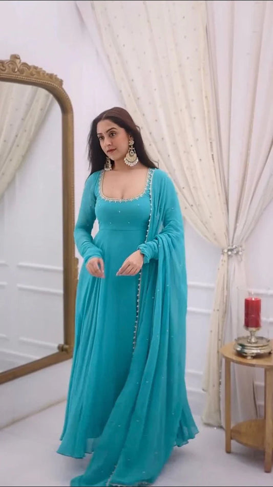 Sky Blue Anarkali Suit Set for Women - Georgette Kurta with Dupatta