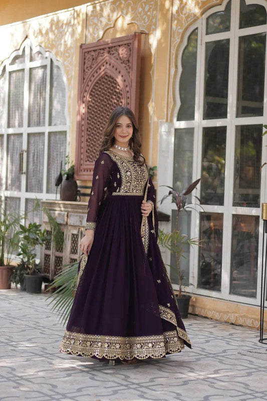 Royal Wine Georgette Anarkali Heavy Suit Set for Women