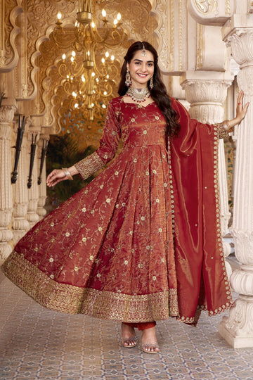 Rust Embroidered Designer Anarkali Suit Set for Women with Dupatta