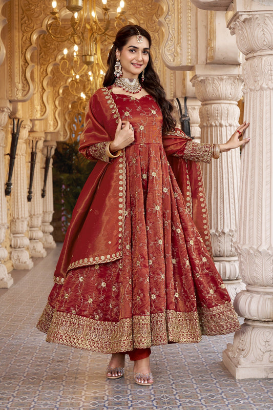 Rust Embroidered Designer Anarkali Suit Set for Women with Dupatta