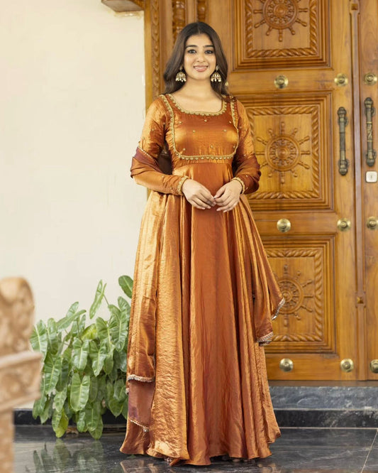 Fendi Silk Designer Anarkali Gown for Women with Dupatta