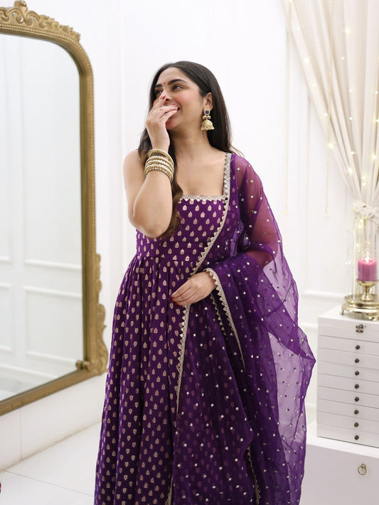 Wedding Special Jacquard Silk Anarkali Gown for Women with Dupatta