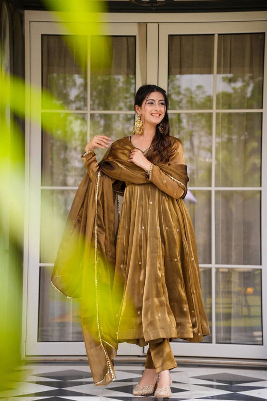 Gold Trending Anarkali Suit for Women with Dupatta