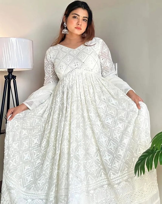 White Embroidered Georgette Anarkali Suit Set