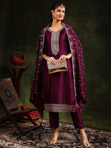 Wine Color Emboridery Worked Kurta Suit Set With Heavy Dupatta Foe Wedding