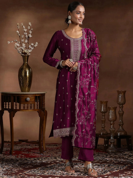 Wine Embroidered Straight Kurta Suit Set With Dupatta