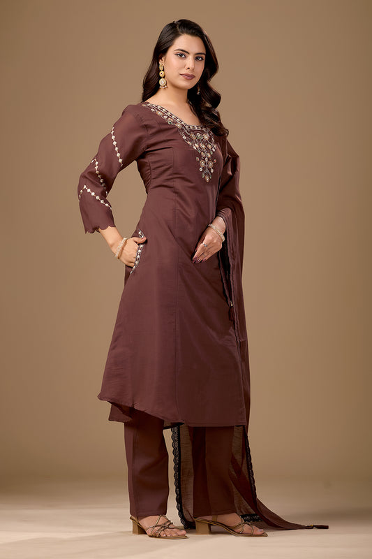 Women's Brown Embroidered Work Neck Kurta Pant Dupatta Set