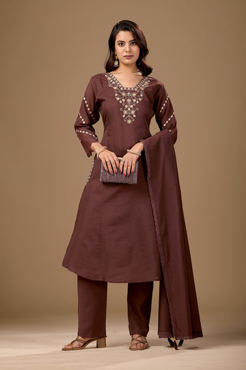 Women's Brown Embroidered Work Neck Kurta Pant Dupatta Set