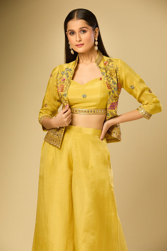 Yellow Embroidery Collared Scoop Neck Jacket Palazzo Set