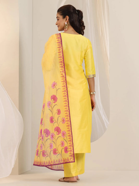 Yellow Embroidery Neck Design Straight Kurta Suit Set With Dupatta