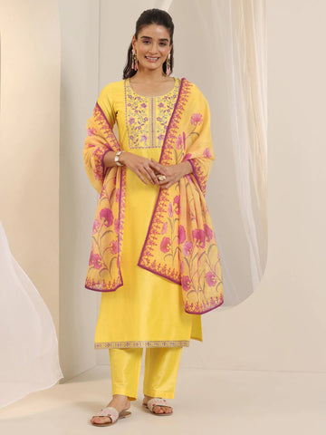 Yellow Embroidery Neck Design Straight Kurta Suit Set With Dupatta