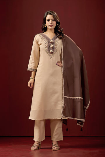 Zariya Cream Embroidered Neck Design Suit Set With Brown Dupatta
