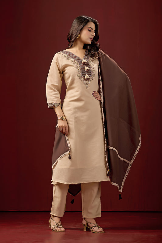 Zariya Cream Embroidered Neck Design Suit Set With Brown Dupatta