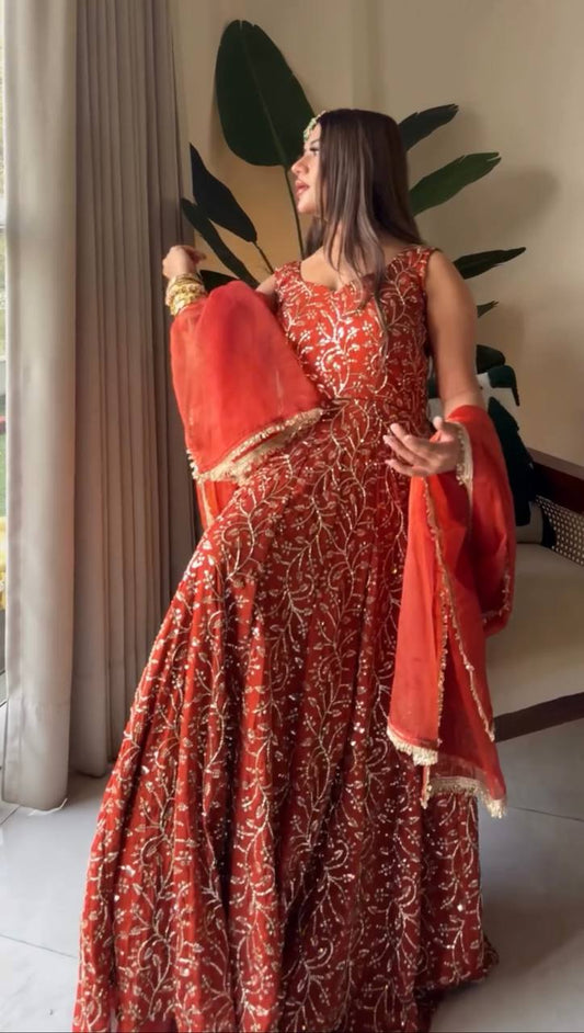 Royal Red Sleeveless Anarkali Dress for Women with Dupatta