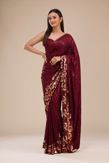 Wine Maroon All-Over Sequin Work Saree with Gold Floral Border