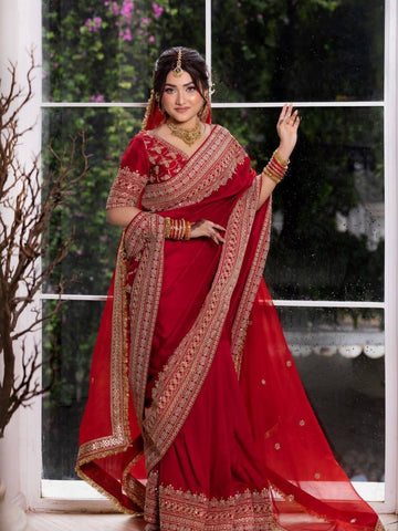 Red Embroidery Satin Saree with Dupatta | Durga Puja & Karwa Chauth Saree