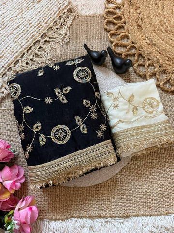 Black Pure Fancy Satin Saree with Off-White Floral Sequin Embroidery Blouse & Fringe Lace