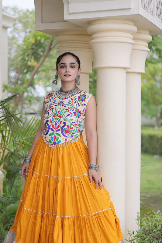 Rayon Yellow Kutchi Work Ready To Wear Frill Navratri Lehenga Choli