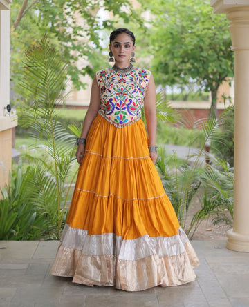 Rayon Yellow Kutchi Work Ready To Wear Frill Navratri Lehenga Choli