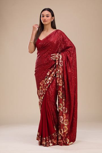 Ruby Red All-Over Sequin Embroidered Saree with Gold Floral Border