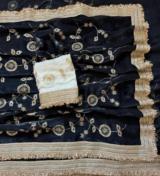 Black Pure Fancy Satin Saree with Off-White Floral Sequin Embroidery Blouse & Fringe Lace