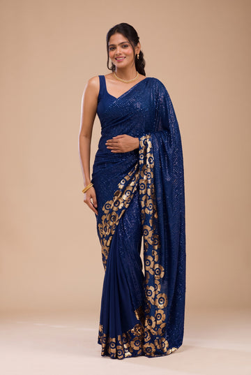 Royal Navy Blue Striped Sequin Saree with Gold Flower Motif Border