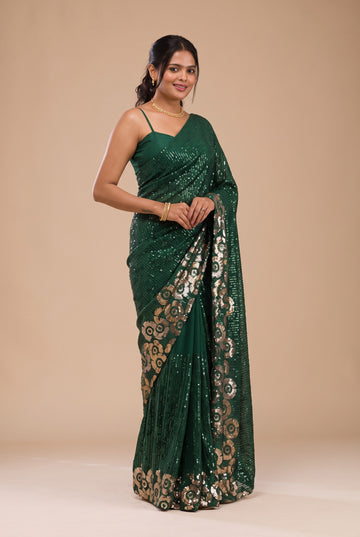 Emerald Bottle Green Sequined Designer Saree with Golden Floral Border