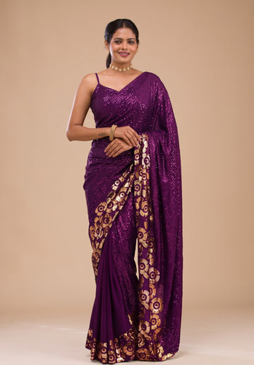 Deep Plum Purple Sequined Festive Saree with Intricate Gold Motif Border