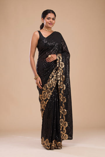 Jet Black All-Over Sequence Work Saree with Contrast Gold Floral Border