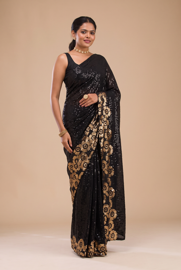 Jet Black All-Over Sequence Work Saree with Contrast Gold Floral Border