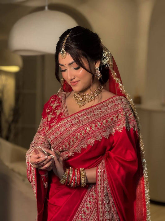 Red Embroidery Satin Saree with Dupatta | Durga Puja & Karwa Chauth Saree