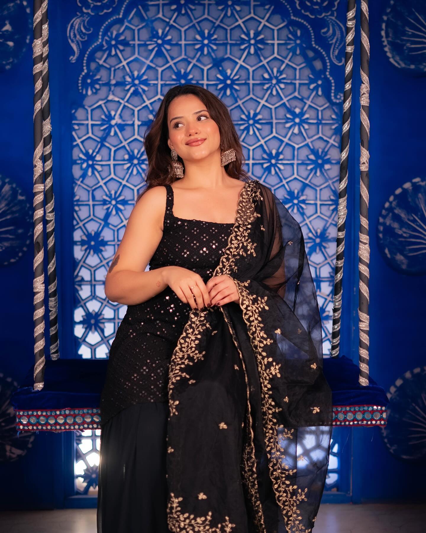 Black Georgette Embroidered Kurta And Sharara Suit Set with Dupatta