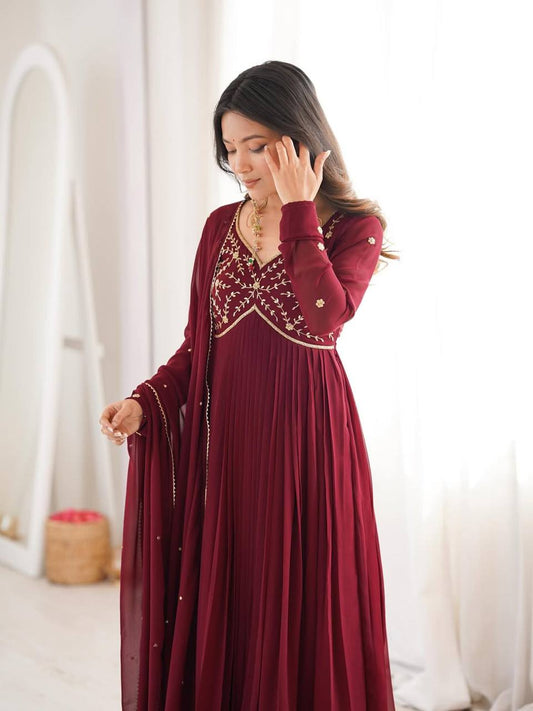 Wine Red Embroidered Anarkali Suit Set for Women with Dupatta