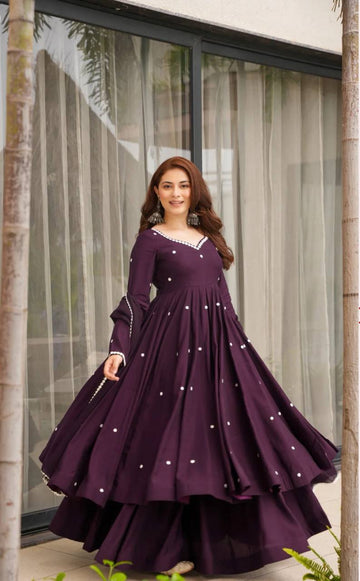 Embroidered Roman Silk Anarkali Suit Set for Women with Organza Dupatta