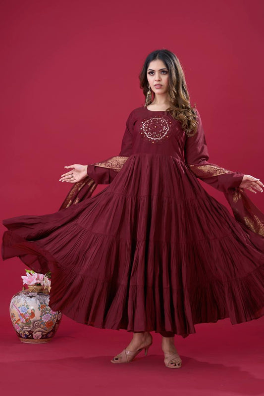 Magical Maroon Color Roman Silk With Embroidery Sequence Work Anarkali Gown Set