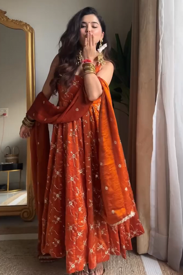 Rust Orange Pure Tissue Silk Anarkali Set with Hand Embroidery | Traditional Dress For Women | Party Wear Dress For Women