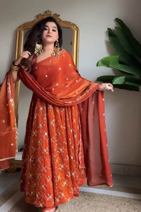 Rust Orange Pure Tissue Silk Anarkali Set with Hand Embroidery | Traditional Dress For Women | Party Wear Dress For Women