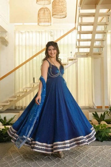 Royal Blue Sleeveless Anarkali Suit Set for Women with Net Dupatta